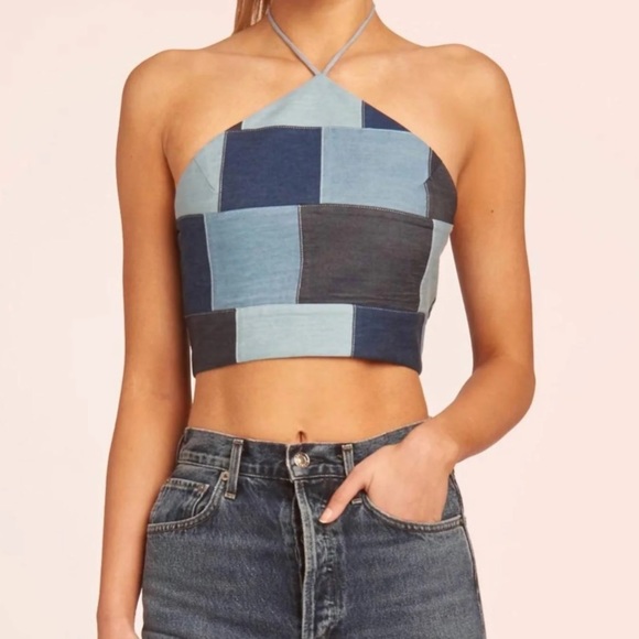 Amanda Uprichard Medium Laurena Halter Tie Top Blue Chambray Colorblock - Picture 8 of 8